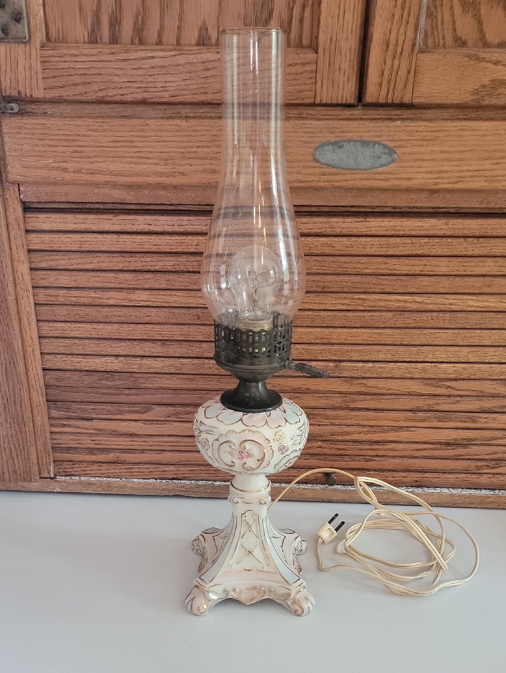 Vintage Style Cream Porcelain Table Lamp with Glass Chimney Electrified